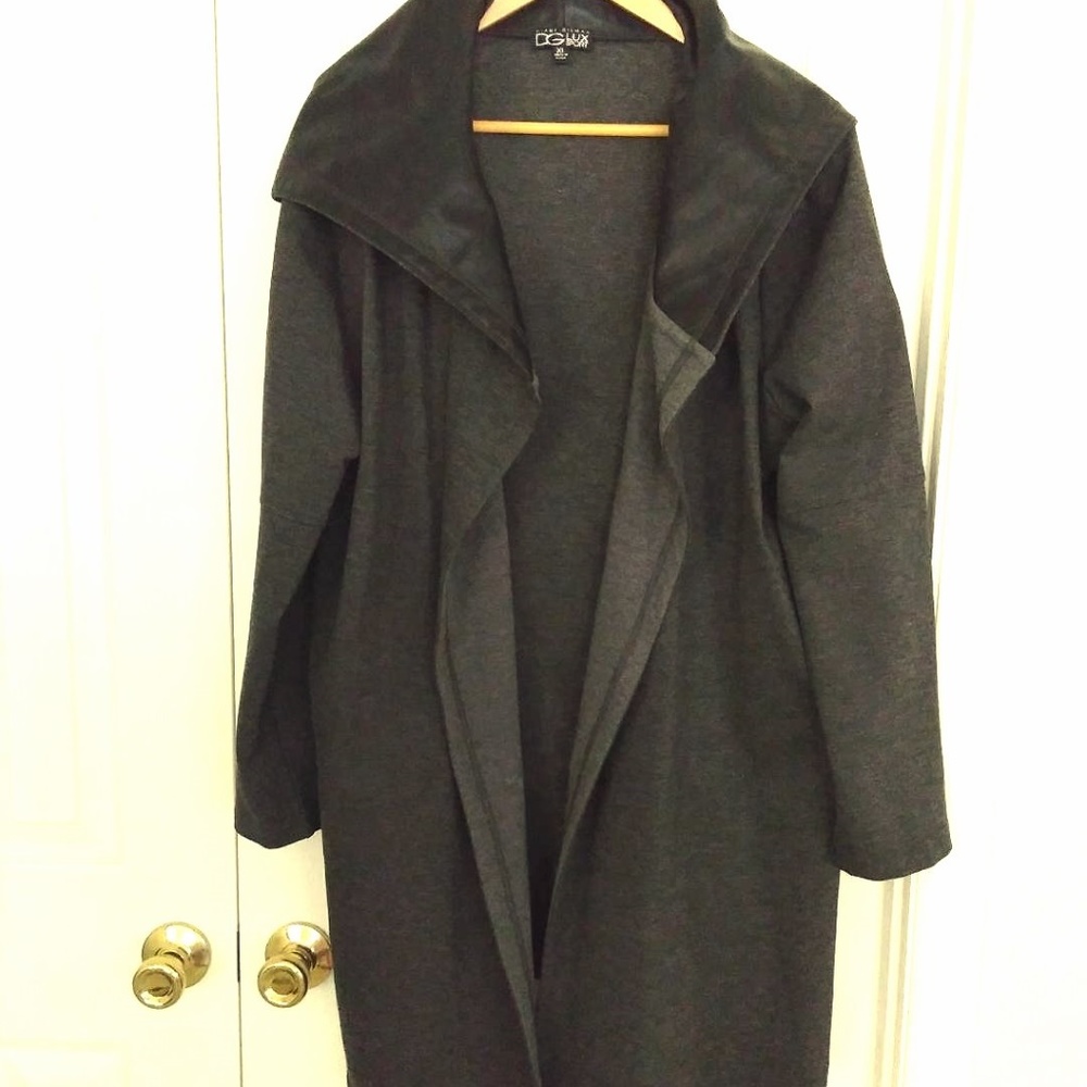 Gray Knit Wrap w/Black Faux Leather Hood